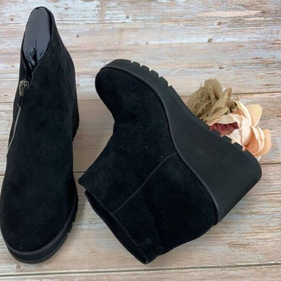 Eileen Fisher Alto Black Suede Wedge Ankle Boots Booties Platform Size 7 Zip - Picture 13 of 14